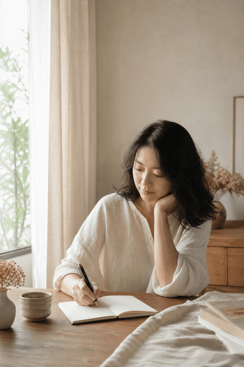 一位女性在晨光中書寫筆記